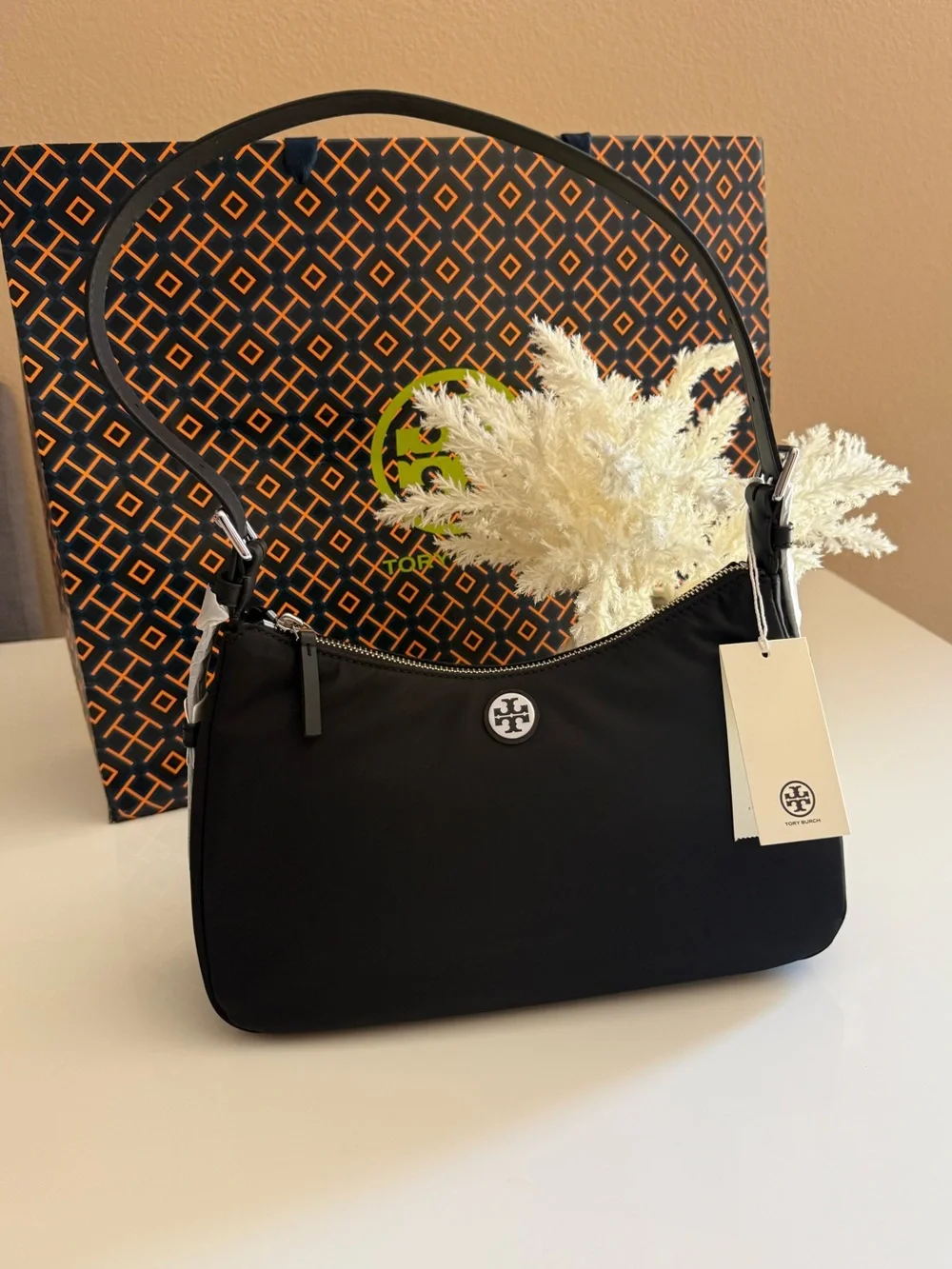 NWT , TORY BURCH NYLON SMALL ZIP TOP SHOULDER BAG black